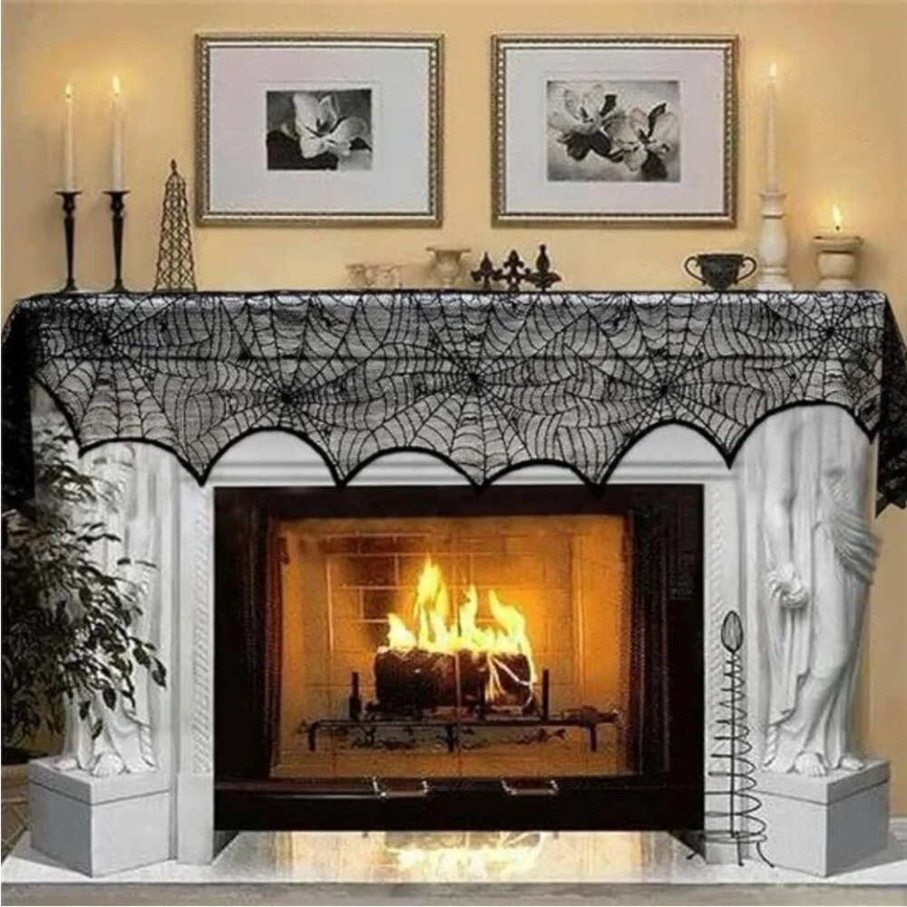 Black Lace Spiderweb Mantle Scarf - Halloween Fireplace Cover, 45 x 243cm